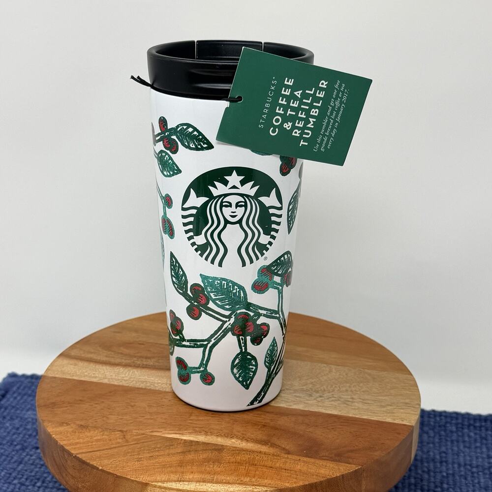 New Starbucks Holiday Coffee Berry Travel Tumbler White Green Red Cup w/ Lid